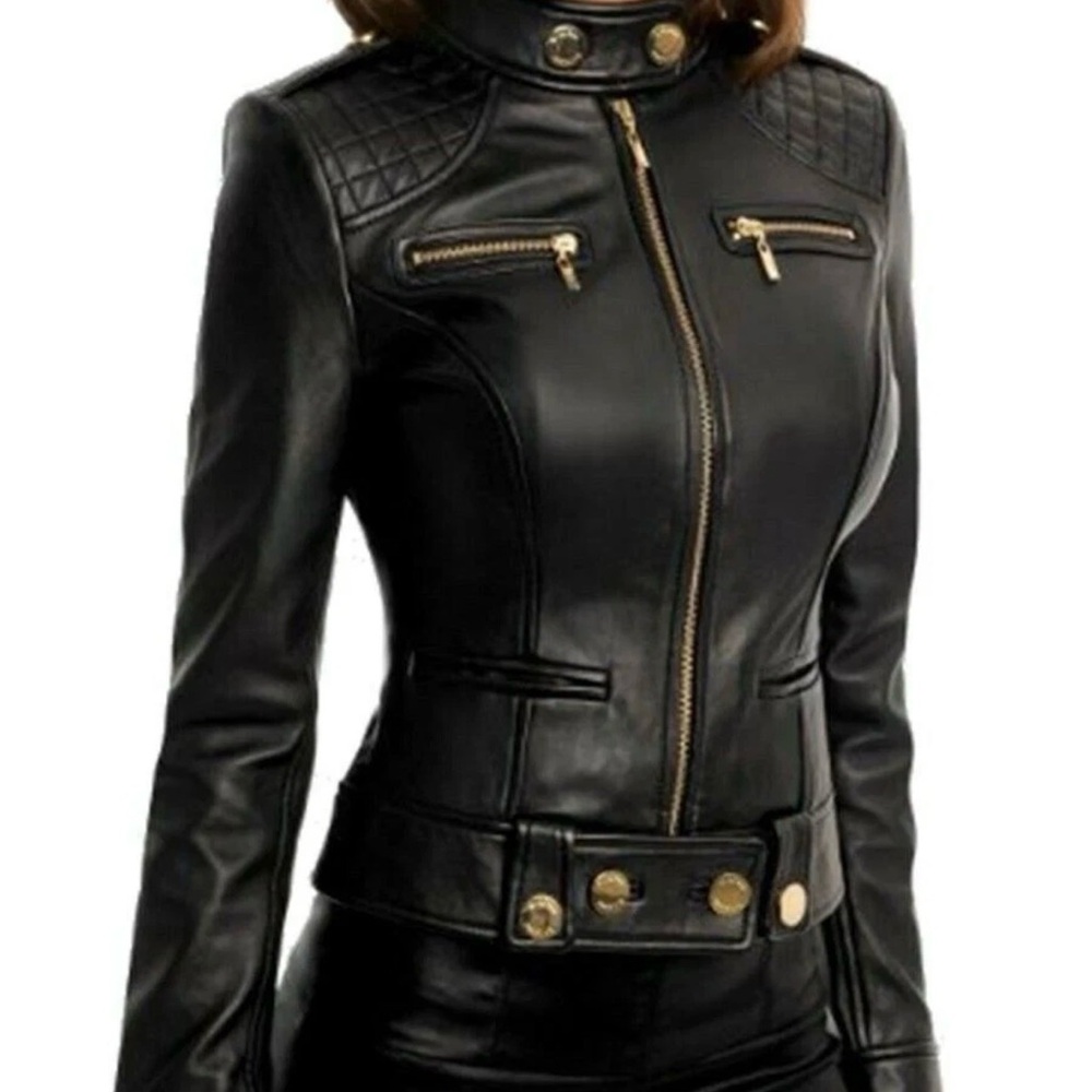 Women's Leather Moto Jacket with Gold Hardware